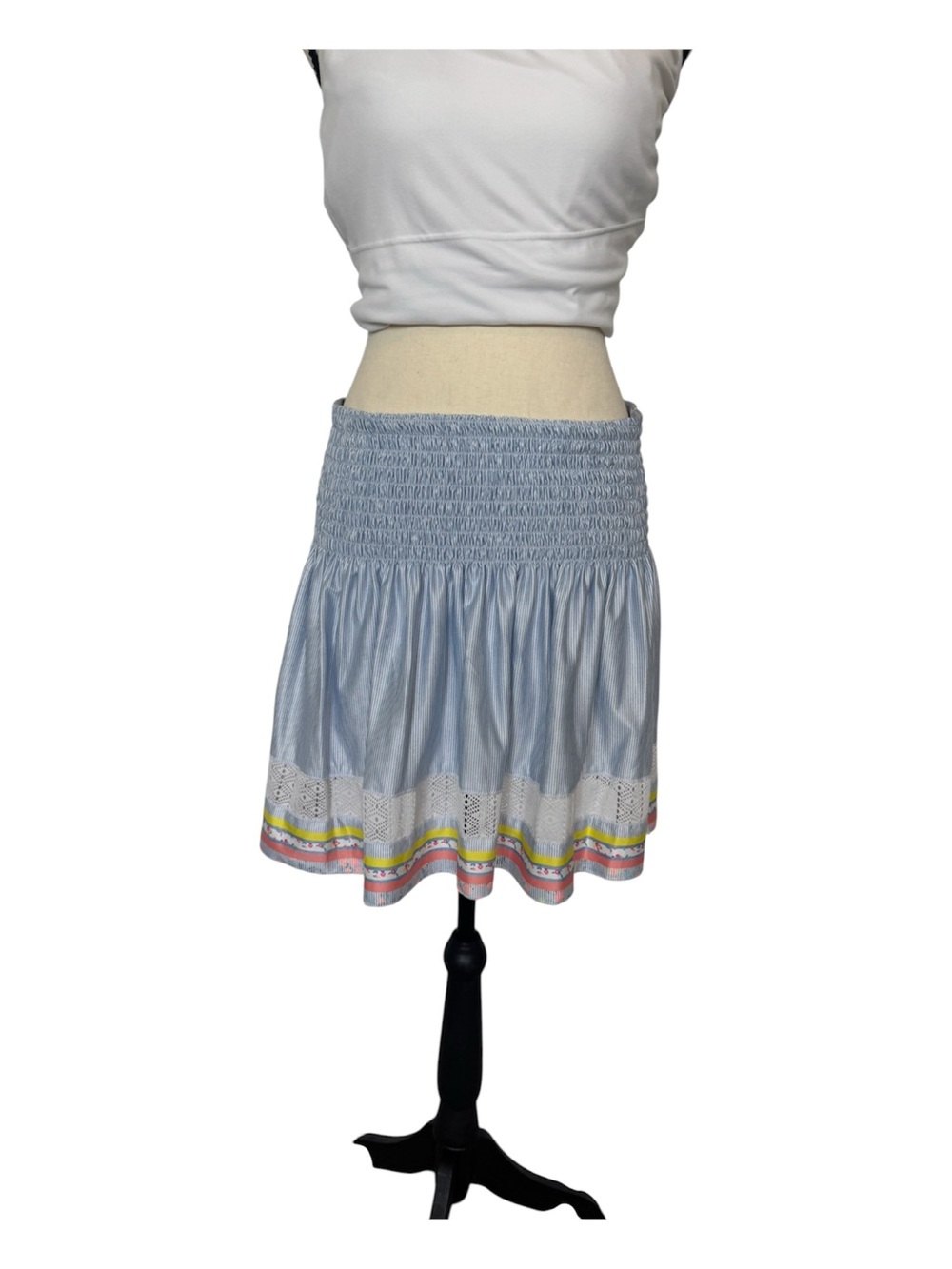Lucky in Love Light Blue&White Striped Smocked Mini Skirt with Multicolor Hem